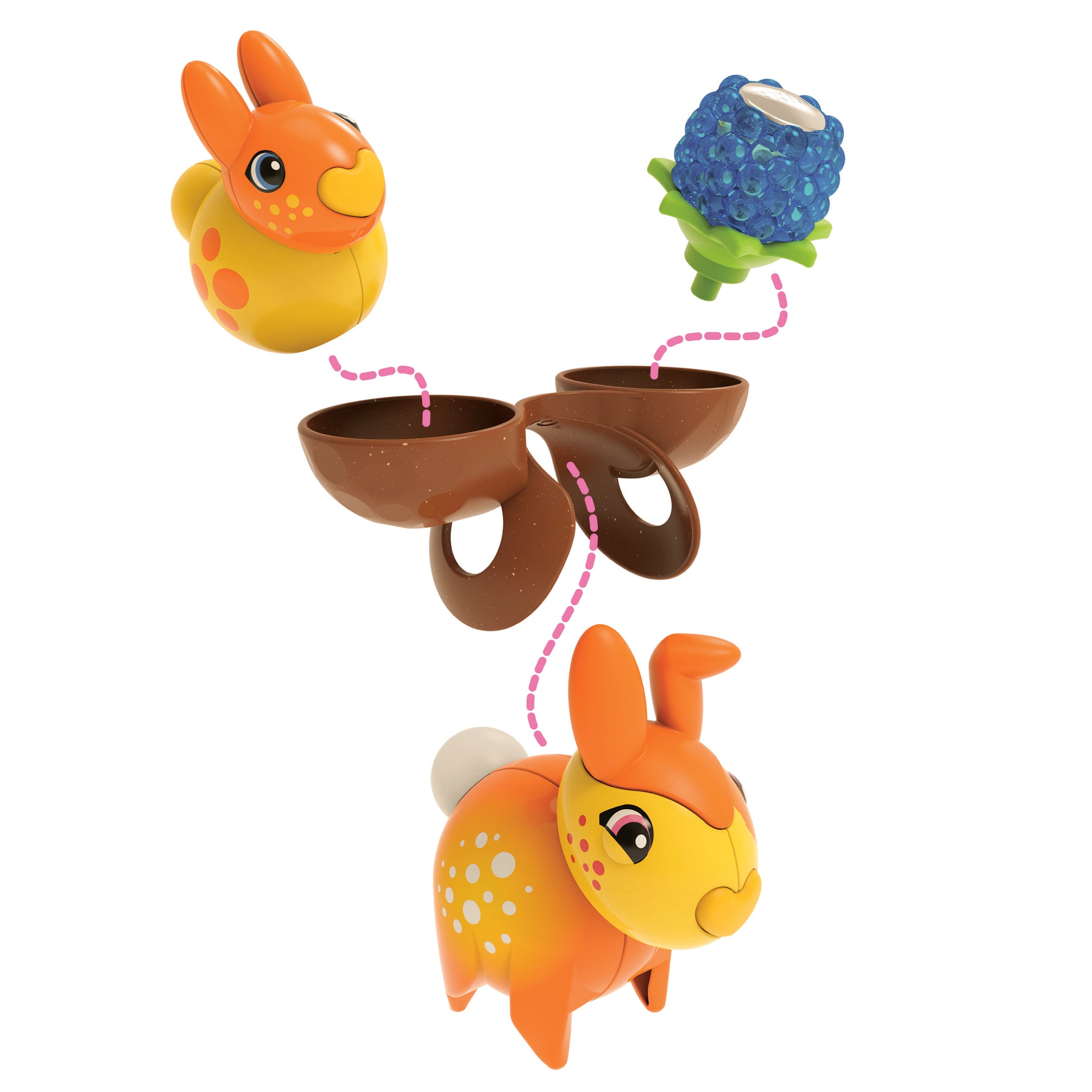 'Une figurine de jouet en forme de lapin avec des oreilles orangées et des points, séparée en deux moitiés ; au-dessus, un embout en forme de baie bleue.'