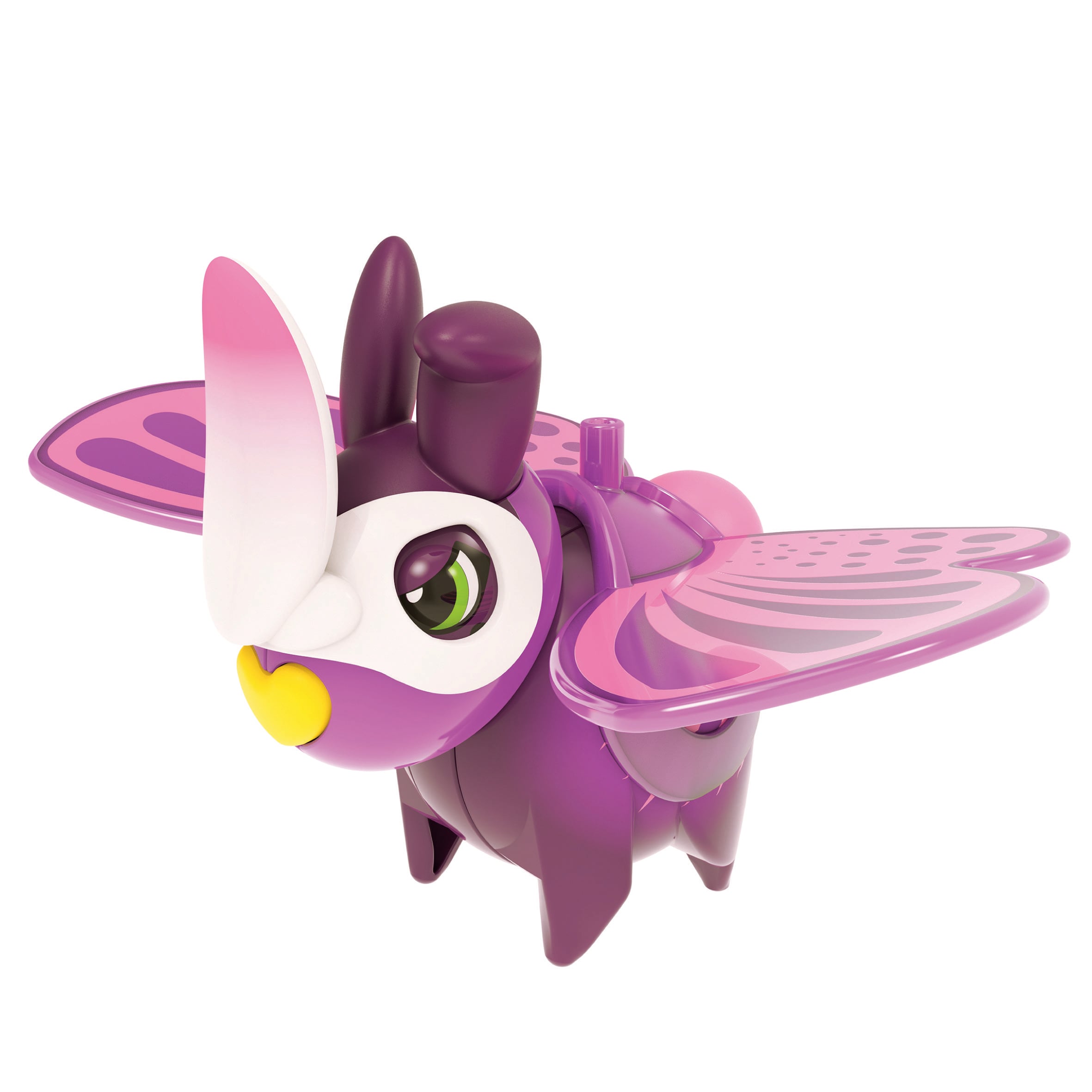 Un jouet violet en forme d'insecte avec de grands yeux et des ailes stylisées, ressemblant à un scarabée de dessin animé.