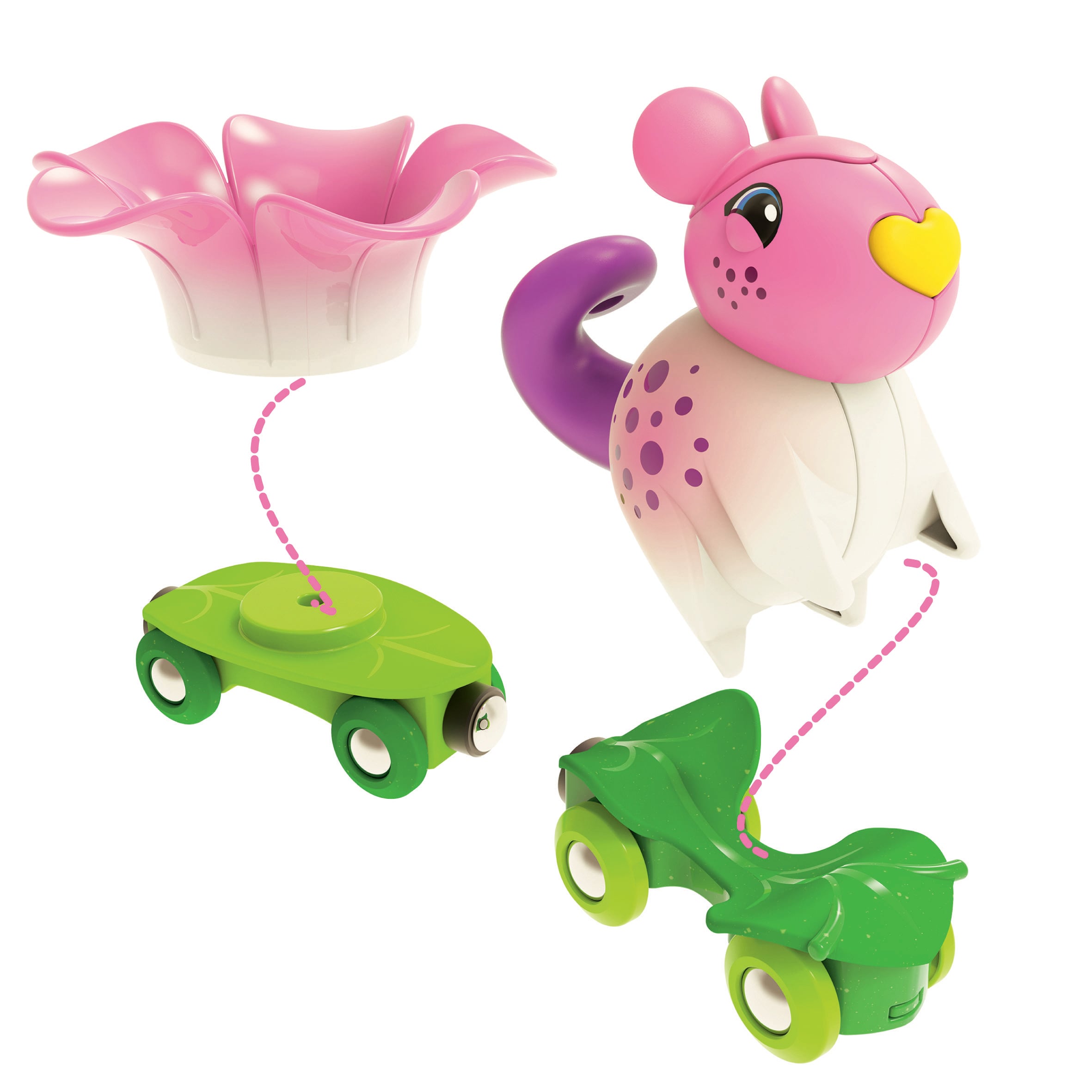 Jouet coloré : une souris rose avec un cœur jaune en guise de nez, combinée à des roues en forme de fleurs vertes, reliées par des points.