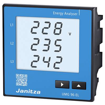 Un analyseur de coûts énergétiques bleu de Janitza affiche les tensions suivantes sur son écran digital : L1 228 V, L2 235 V, L3 242 V.
