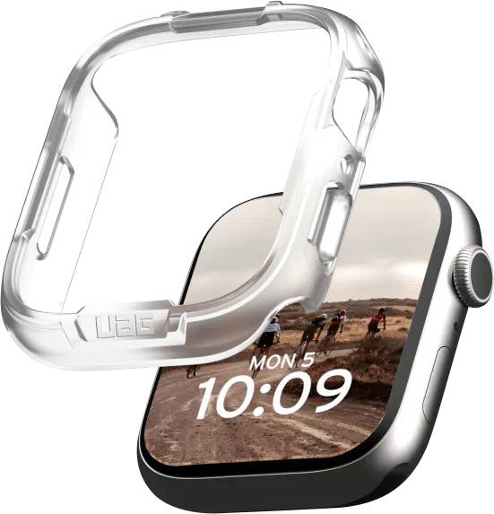 Montre intelligente noire avec protection de boîtier transparente. L'écran affiche 'LUN 5' et '10:09' sur une image de cyclistes dans un environnement naturel.