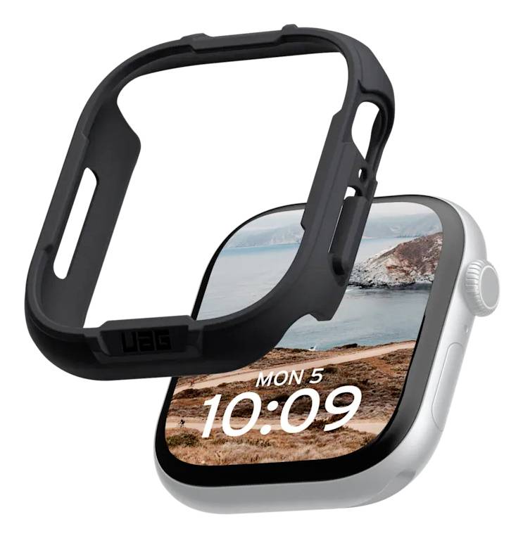 Une smartwatch avec un paysage affiché à l'écran indique l'heure 10:09 et la date 'Lun 5'. Une coque de protection noire flotte au-dessus.