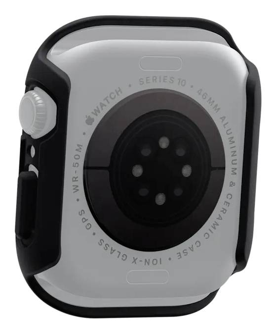 Une smartwatch avec un boîtier noir, une couronne latérale et des capteurs au dos. Texte sur le boîtier : 'SERIES 10, 46MM ALUMINUM & CERAMIC CASE'.