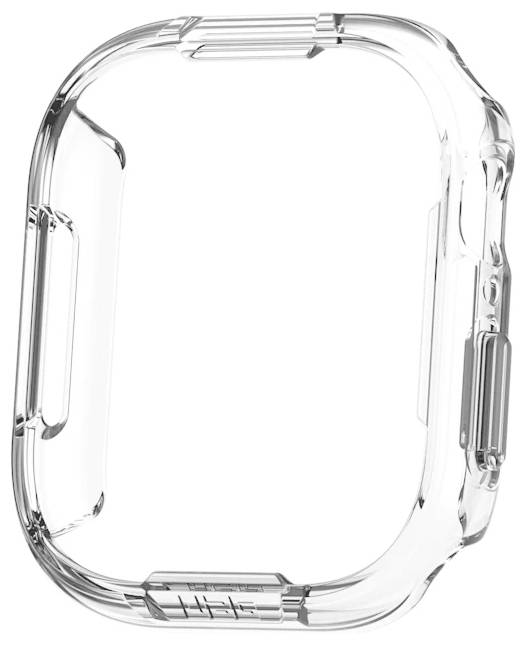 Étui de protection transparent pour montre connectée, montrant une protection latérale et des coins, soulignant un design robuste et minimaliste.
