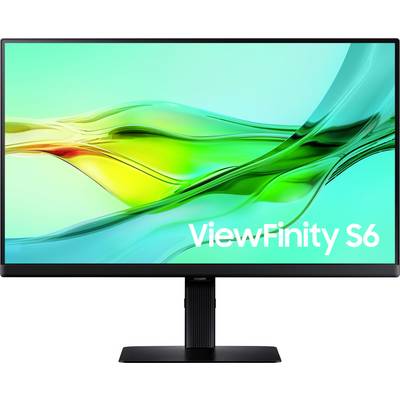 Un écran d'ordinateur avec un fond vert-bleu vif et l'inscription 'ViewFinity S6'.