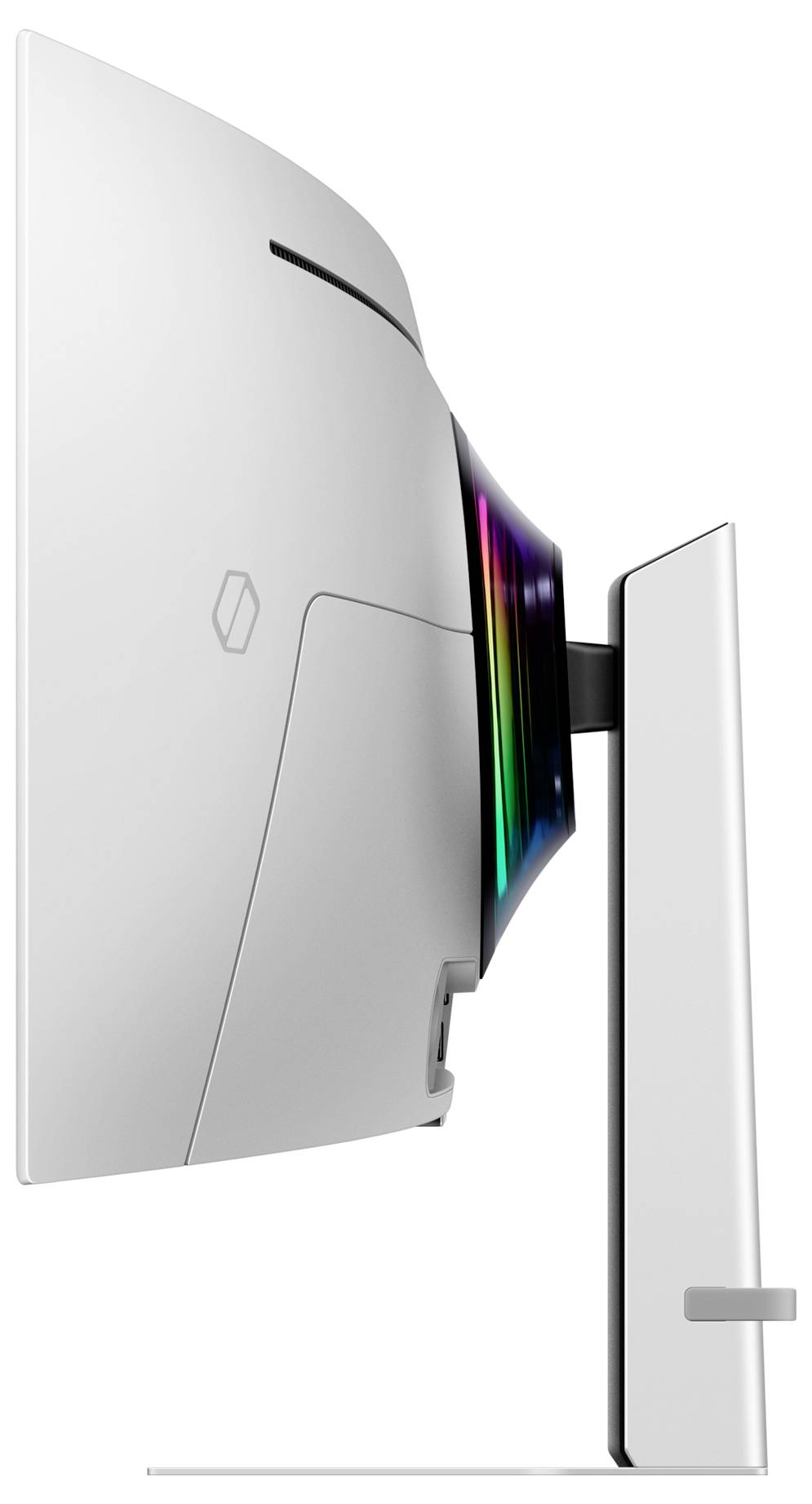 Vue latérale d'un moniteur moderne incurvé avec un bord rétroéclairé. Design épuré, blanc, avec un support fin.