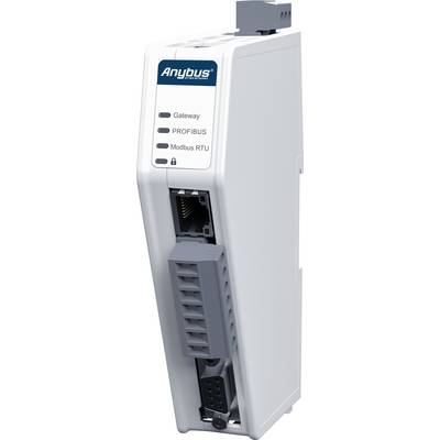 Passerelle Anybus blanche avec des connexions pour PROFIBUS et Modbus RTU, destinée à la conversion de réseaux industriels.