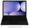 Une tablette équipée d'un clavier et d'un stylet, affichant un fond d'écran abstrait coloré avec des formes circulaires.