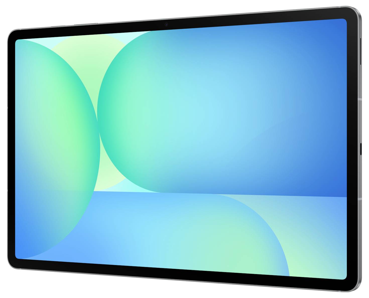 Une tablette affichant un design abstrait aux couleurs bleu vif et vert sur son écran, avec des cercles superposés et des dégradés.