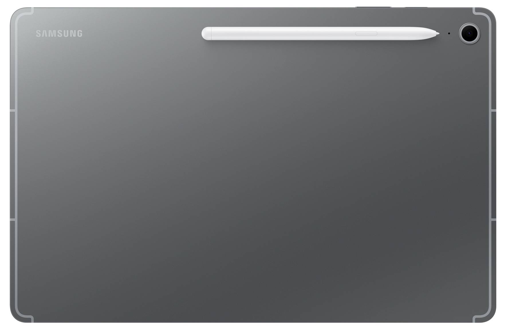 Une tablette Samsung en orientation paysage avec un stylet blanc magnétiquement attaché à l'arrière.
