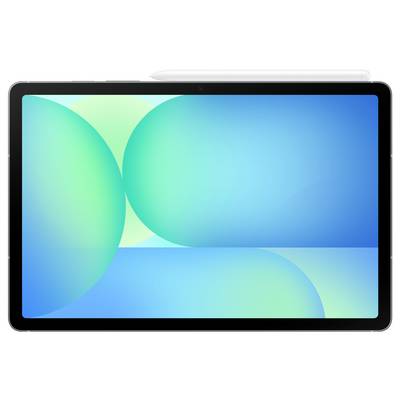 Une tablette numérique avec un stylet posé dessus, affichant un arrière-plan abstrait bleu et vert sur son écran.