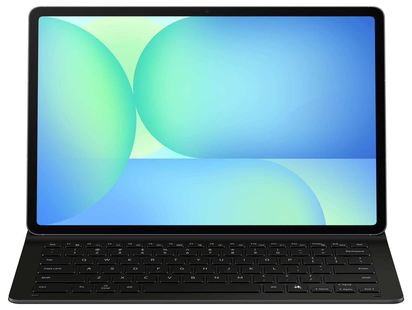 Une tablette munie d'un clavier attaché, affichant un écran dégradé de bleu et de vert.