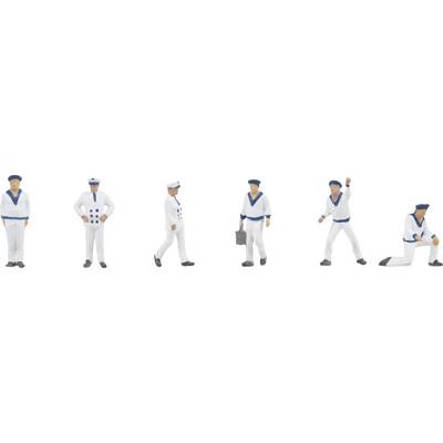Six figurines miniatures de marins dans différentes poses, tous en uniforme blanc avec des détails bleus, chacun gesticulant de manière différente.
