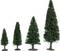 Quatre arbres modèles de différentes tailles sont alignés du plus petit au plus grand. Ils sont vert foncé avec des troncs bruns.