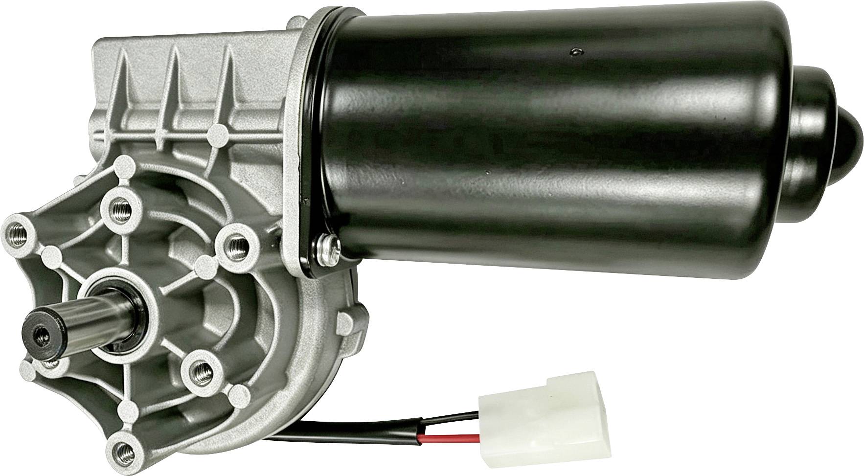 Moteur d'essuie-glace électrique avec boîtier d'engrenages argenté, carter cylindrique noir, arbre exposé et connecteur de câblage blanc sur fond blanc