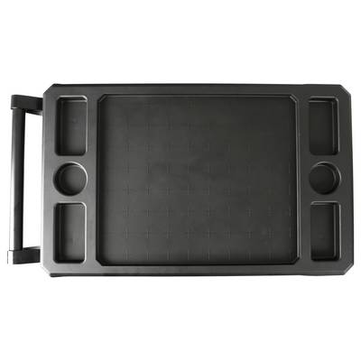 Plateau de rangement noir en plastique avec plusieurs compartiments rectangulaires et ronds, adapté à l'organisation de petites pièces ou d'outils.