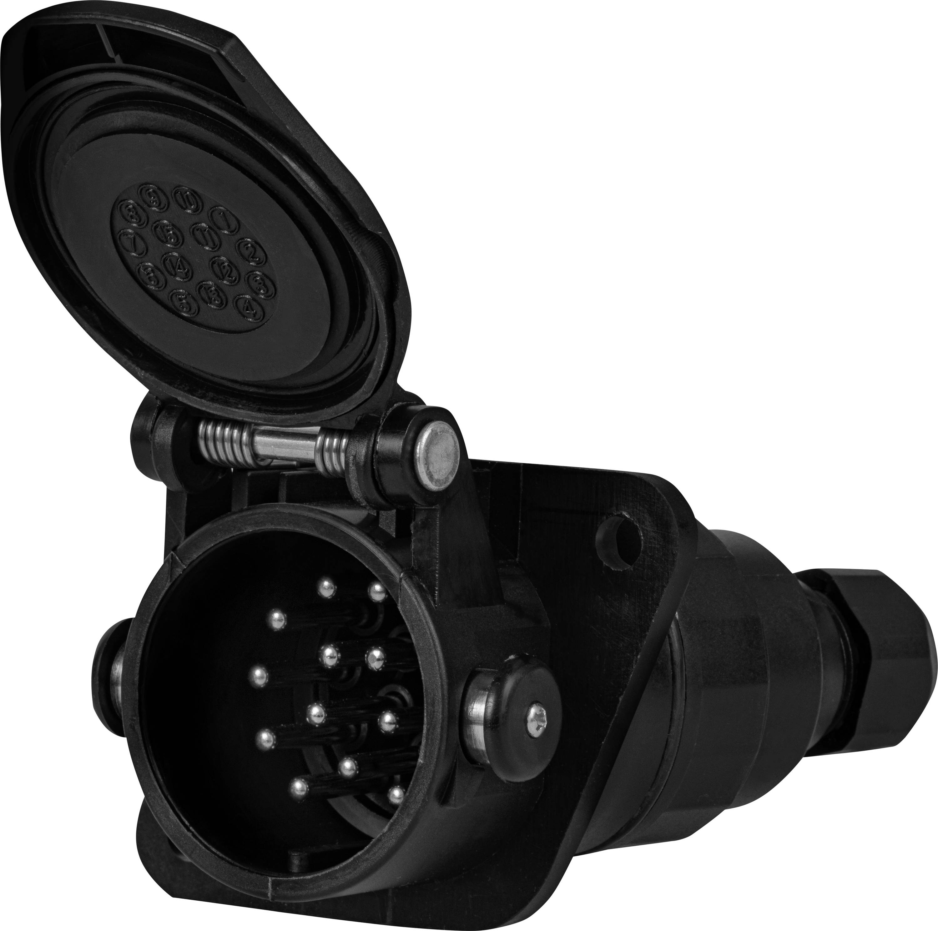 Connecteur rond noir avec plusieurs broches métalliques et couvercle ouvert, utilisé dans les systèmes de connexion électriques.