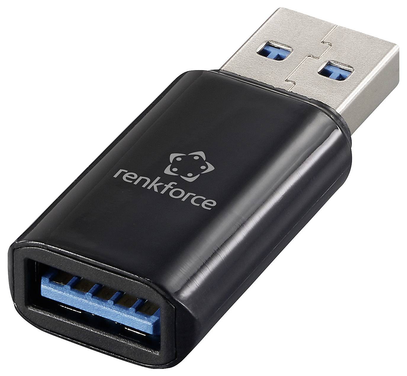 Un adaptateur USB noir de la marque Renkforce, avec une connexion mâle USB-A vers femelle USB-A, conçu pour étendre la compatibilité des appareils.