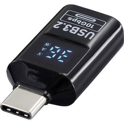 Un dispositif noir de mesure de puissance USB-C affiche 'U' pour la tension et 'A' pour l'ampérage sur un écran numérique, utilisé pour surveiller les taux de charge des appareils.