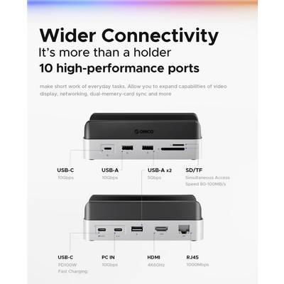 ORICO Station d'accueil USB-C® VS10 Mini Dock Desktop Stand support intégré, lecteur de cartes intégré, slot SSD M.2-6