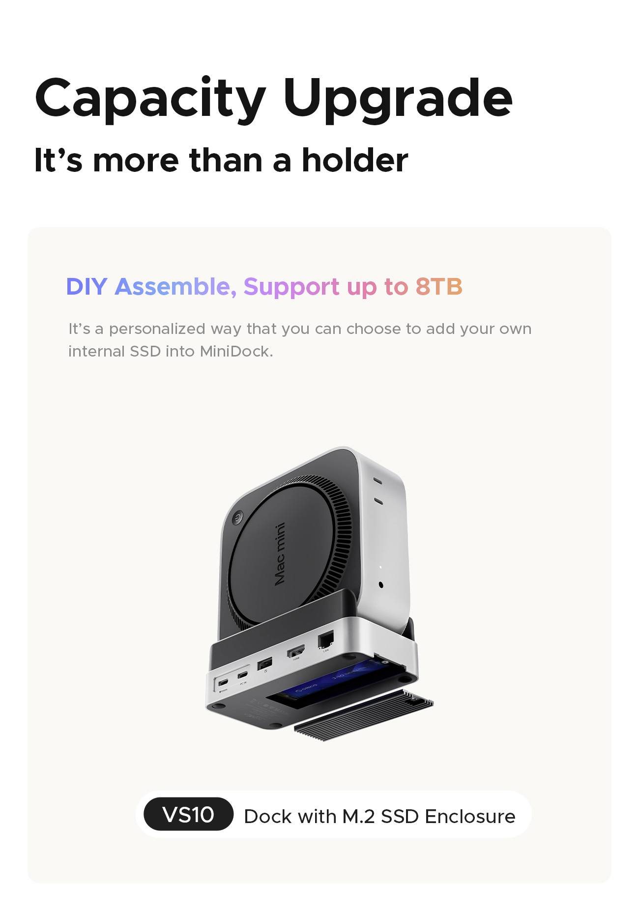 ORICO Station d'accueil USB-C® VS10 Mini Dock Desktop Stand support intégré, lecteur de cartes intégré, slot SSD M.2-7