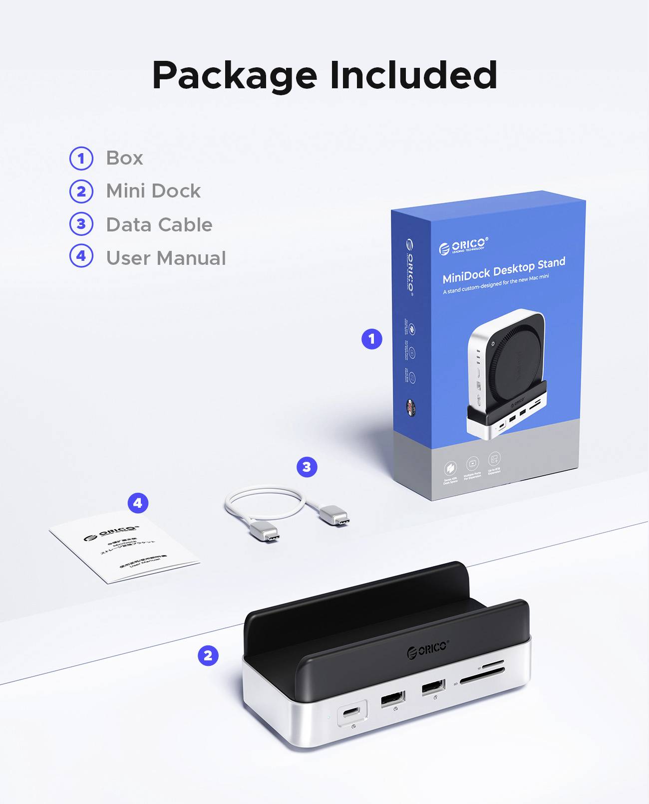 ORICO Station d'accueil USB-C® VS10 Mini Dock Desktop Stand support intégré, lecteur de cartes intégré, slot SSD M.2-12