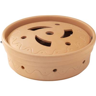 Un pot rond en terre cuite de couleur brune, pourvu de trous décoratifs et d'un motif ondulé sur les côtés. Principalement adapté à l'aération.
