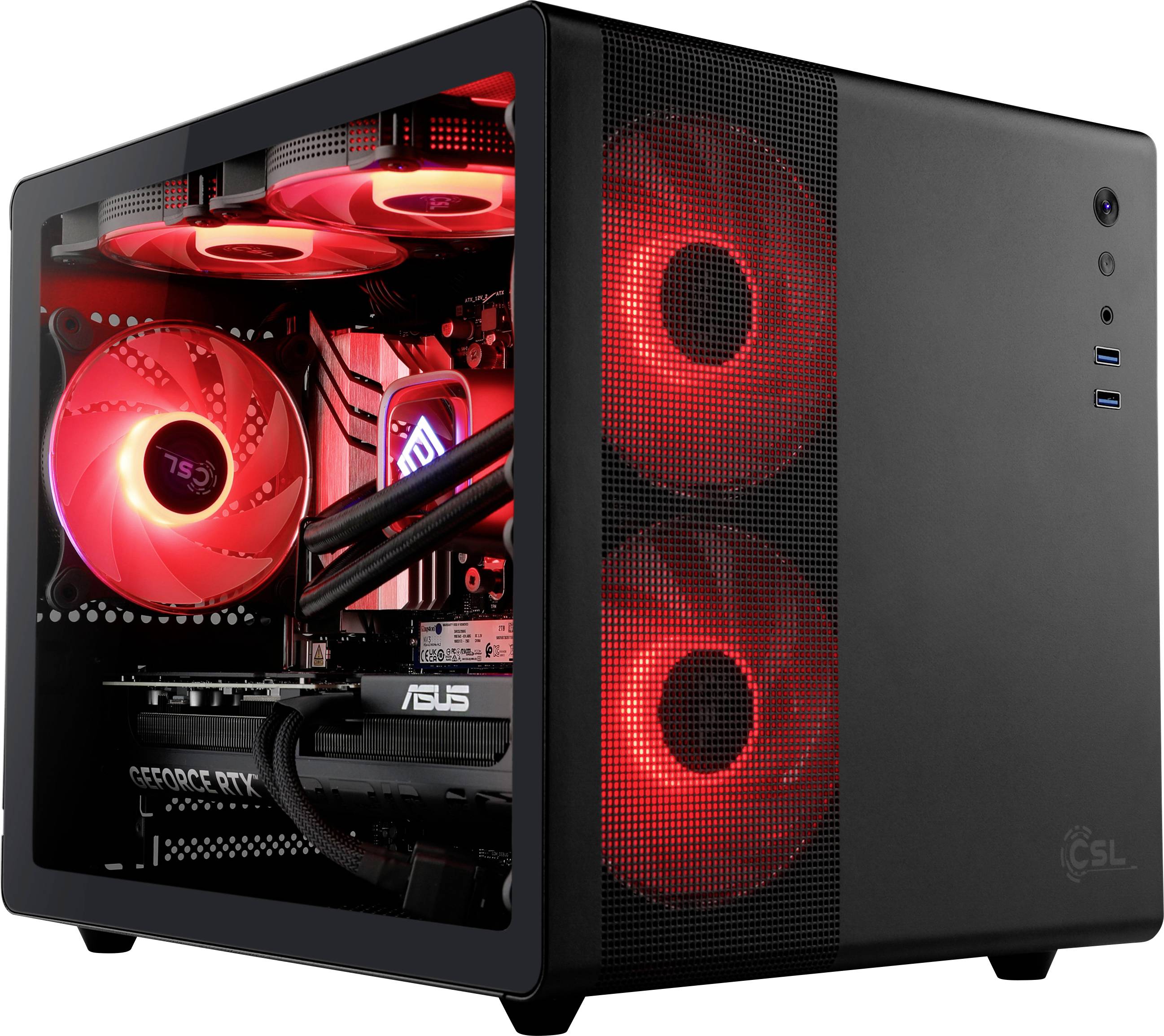 Un boîtier d'ordinateur de bureau noir avec des composants internes visibles. Des ventilateurs à LED rouges et un éclairage illuminent l'intérieur, créant une lueur vibrante.