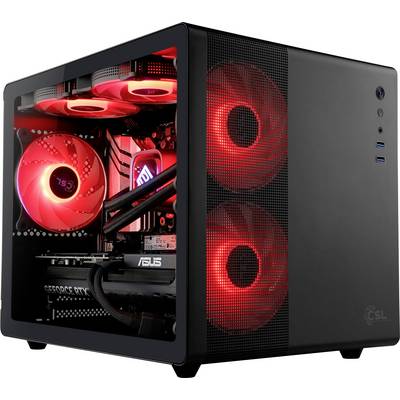 Un boîtier d'ordinateur de bureau noir avec des composants internes visibles. Des ventilateurs à LED rouges et un éclairage illuminent l'intérieur, créant une lueur vibrante.
