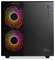 Une tour d'ordinateur noire avec deux ventilateurs RGB visibles sur le devant, affichant des lumières colorées. Il y a également deux ports USB et un bouton d'alimentation.