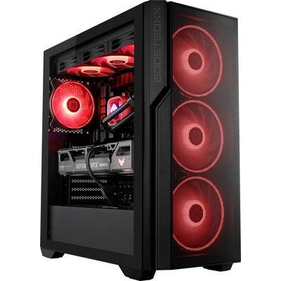 Une tour d'ordinateur de jeu noir avec des ventilateurs rouges lumineux et des composants visibles à l'intérieur, dont une carte graphique GeForce RTX.