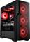 Une tour d'ordinateur de jeu noir avec des ventilateurs rouges lumineux et des composants visibles à l'intérieur, dont une carte graphique GeForce RTX.