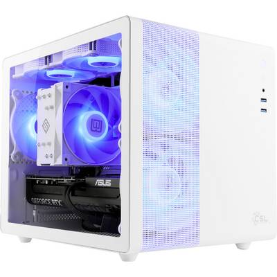 Un PC gaming blanc avec des ventilateurs à LED bleues et des composants à l'intérieur, présentant une carte graphique 'GeForce RTX' visible à travers le panneau latéral.