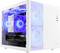 Un PC gaming blanc avec des ventilateurs à LED bleues et des composants à l'intérieur, présentant une carte graphique 'GeForce RTX' visible à travers le panneau latéral.