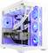 Un ordinateur de jeu de bureau blanc avec un panneau latéral transparent, montrant les composants internes, notamment une carte graphique GeForce et des ventilateurs à LED bleues.