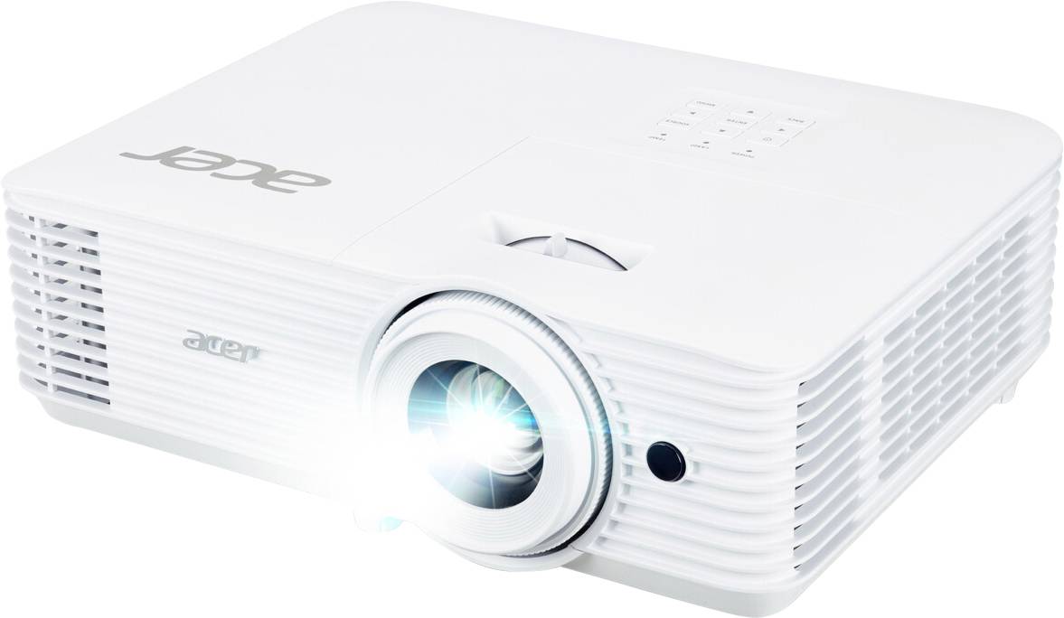 Un projecteur blanc émet de la lumière depuis son objectif, conçu pour des présentations ou des films, avec un aspect élégant et moderne.