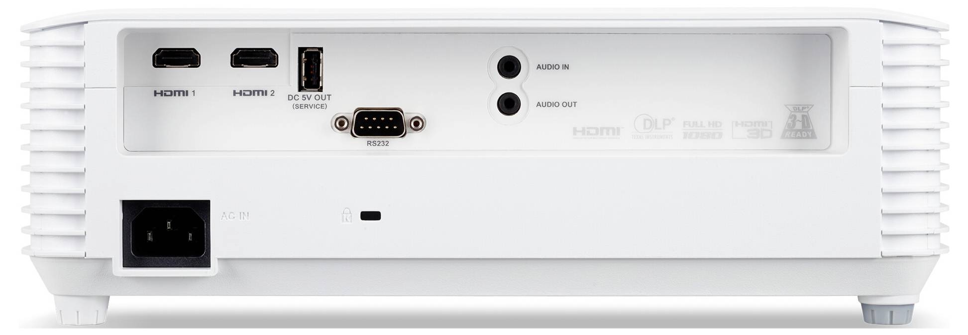 Le panneau arrière de l'appareil électronique blanc présente des ports comprenant deux entrées HDMI, des ports USB, des entrées et sorties audio, ainsi qu'une prise d'alimentation.