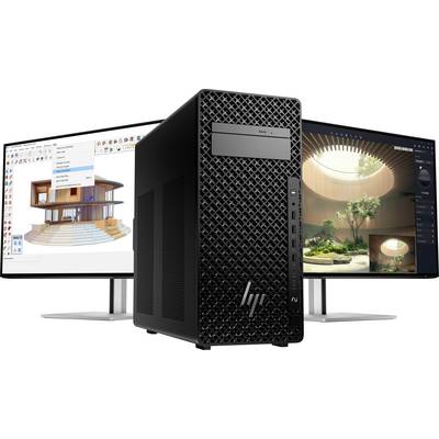 Un ordinateur de bureau avec un boîtier noir et deux écrans ; celui de gauche affichant un rendu 3D de maison et celui de droite présentant une scène de jardin intérieur.