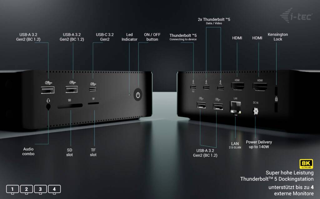 i-tec Station d'accueil USB4® / Thunderbolt™ 4 Thunderbolt5 Quattro Display Docking Station + Power Delivery 140W-6