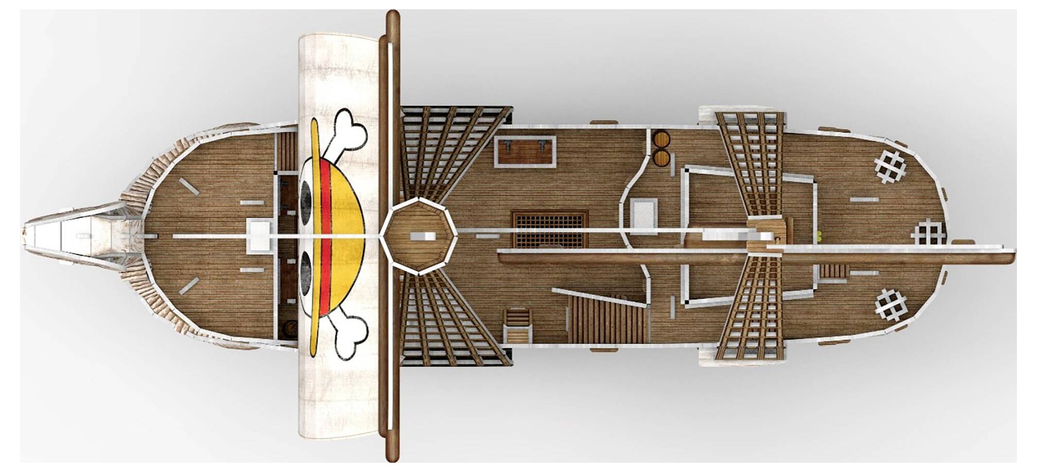 Vue de dessus d'un navire de croisière en bois avec un visage de soleil souriant sur sa voile. Le pont présente différentes zones visibles.