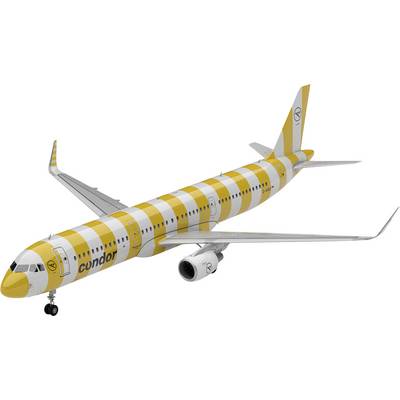 Un avion de la compagnie aérienne Condor avec un revêtement distinctif rayé jaune et blanc, complété par le logo Condor sur la queue.