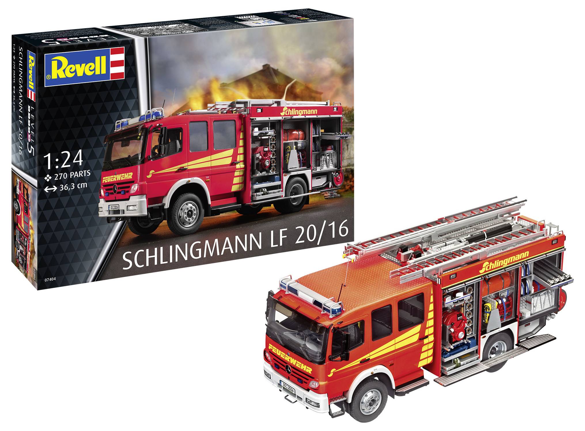 Modèle d'un camion de pompiers Schlingmann LF 20/16 rouge à l'échelle 1:24. L'emballage présente une image du véhicule et un bâtiment en feu.