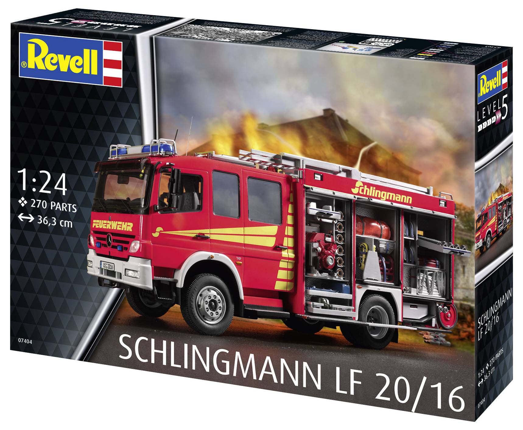 Emballage d'un kit de maquette Revell d'un camion de pompiers 'Schlingmann LF 20/16' à l'échelle 1:24, 270 pièces, Niveau 5.