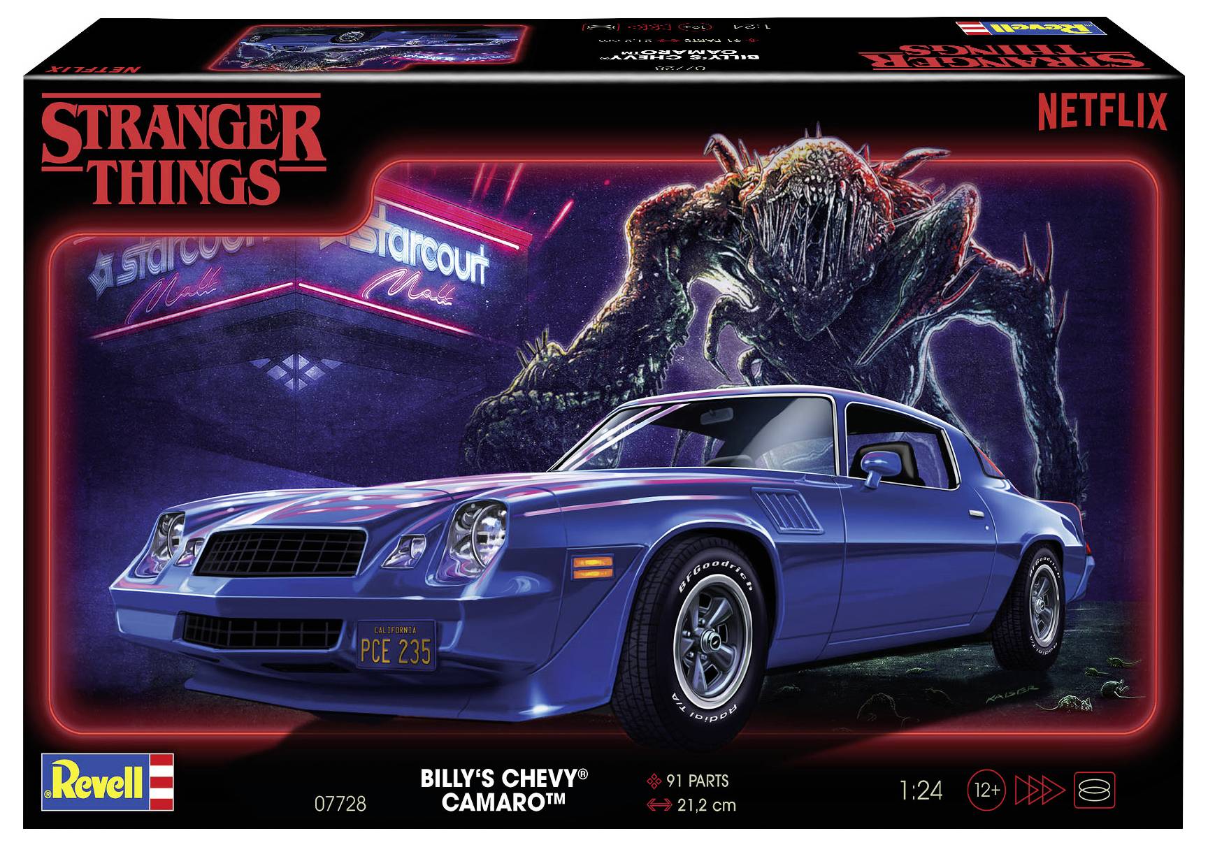 L'emballage montre une miniature de la Chevy Camaro de Billy devant un centre commercial, avec un monstre menaçant en arrière-plan.