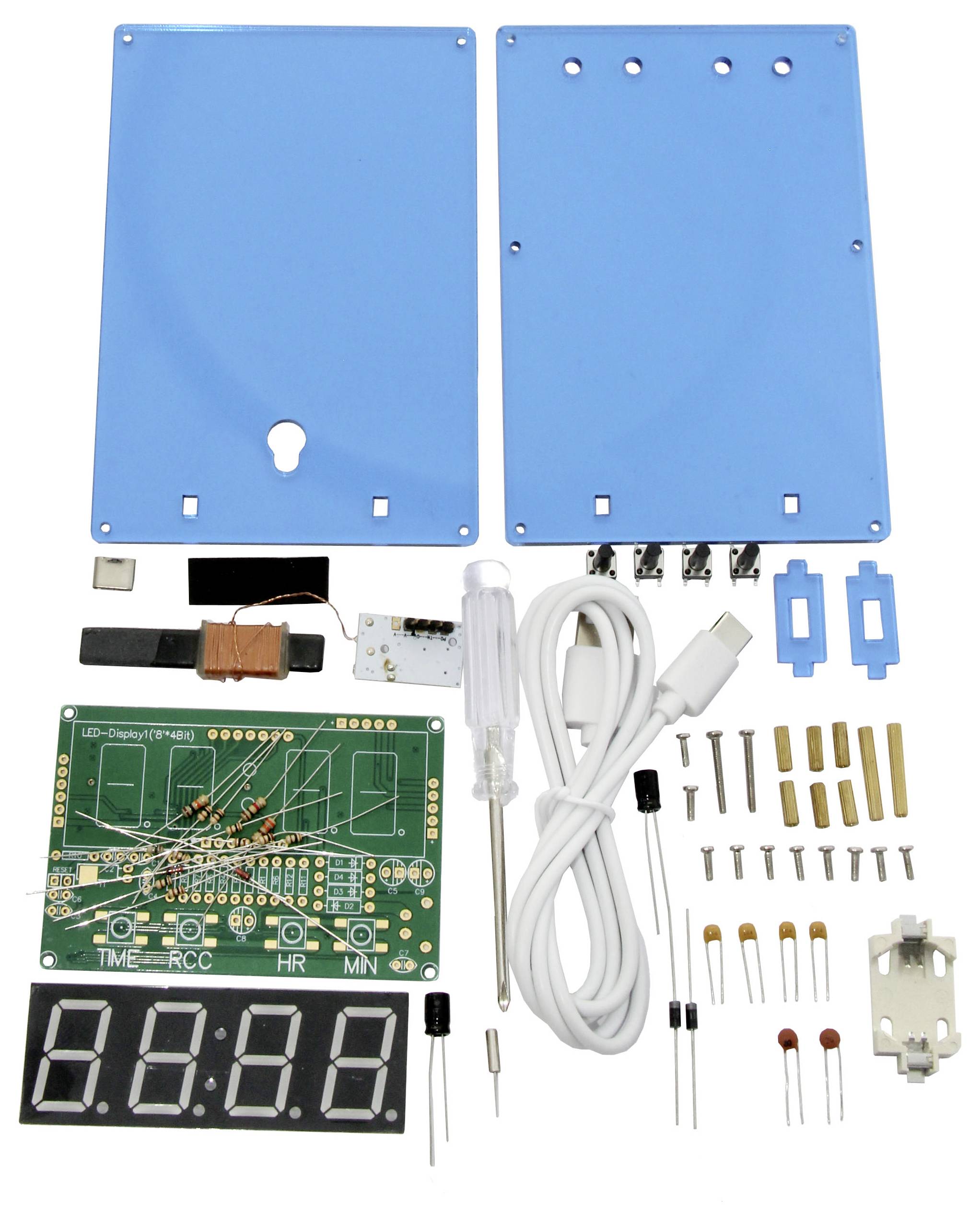 Kit électronique pour horloge numérique comprenant un circuit imprimé, un affichage LED, des câbles, des résistances et des éléments de boîtier bleus.