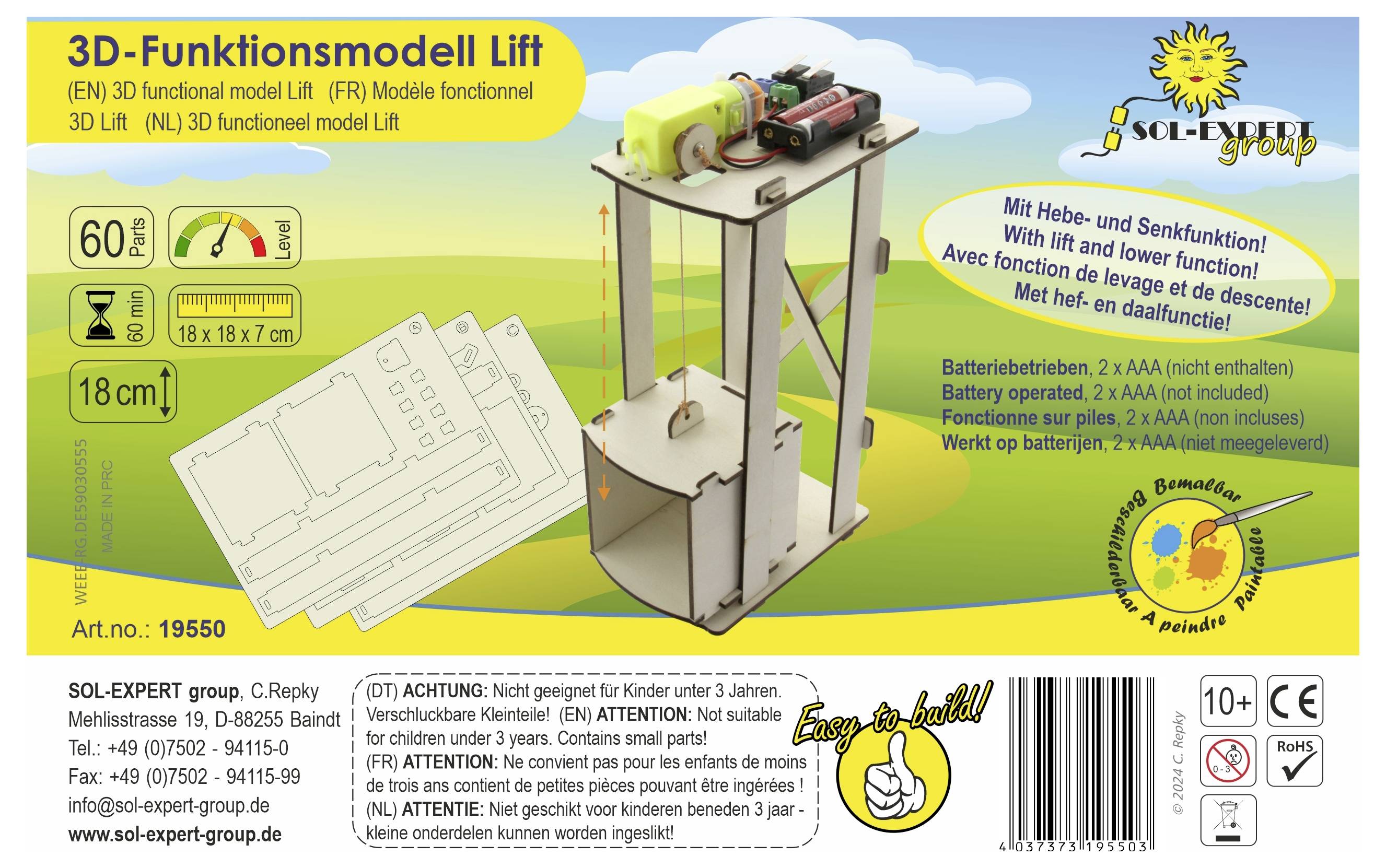 Emballage du 'Modèle Fonctionnel 3D Ascenseur' présente un modèle réduit d'ascenseur avec fonction de levage et de descente. Nécessite 2 piles AA, pour enfants à partir de 8 ans.