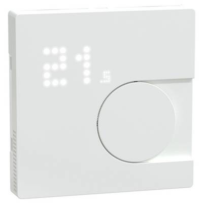 Thermostat numérique avec boîtier blanc, affichant 21,5 degrés. Grand bouton rotatif pour le réglage de la température.