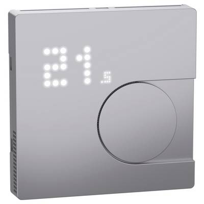 Un thermostat d'ambiance moderne affiche la température '21'. Le design est minimaliste avec un bouton rotatif pour le réglage.