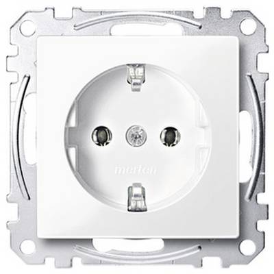 Prise encastrée blanche avec contact de terre, montée sur une plaque support en métal argenté. Adaptée aux fiches standard européennes.