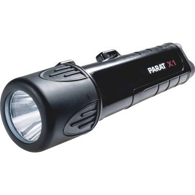 Lampe de poche noire avec inscription 'PARAT X1', montrant la vue frontale de la lentille et l'interrupteur marche/arrêt sur le côté.